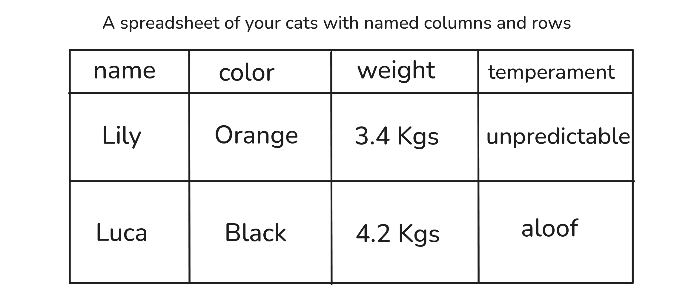 The same kind of matrix but filled with words and simple labels instead of numbers.